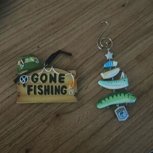Two fishing Christmas ornaments